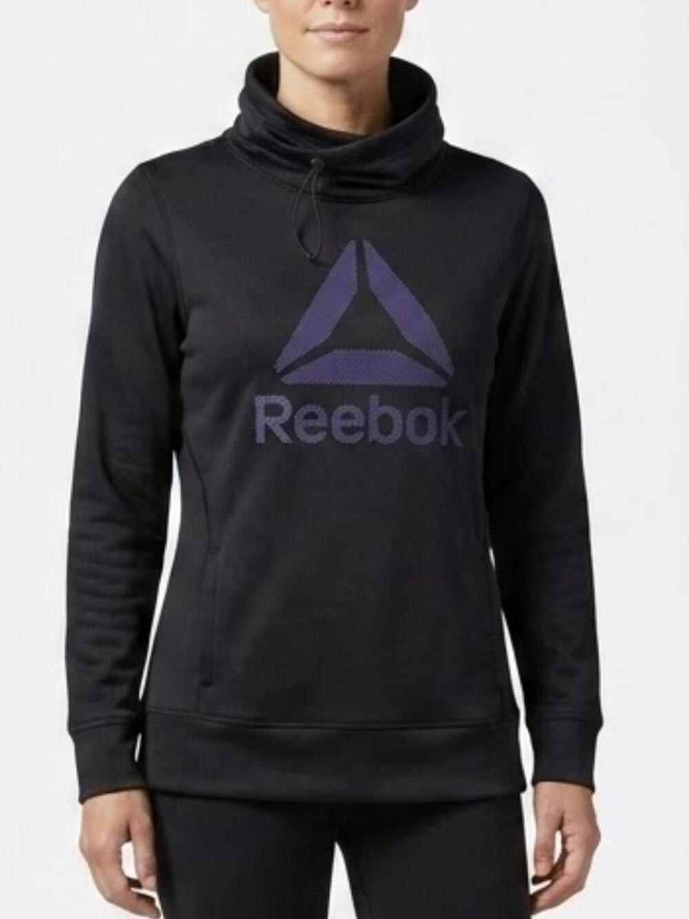 Reebok Speedwick Cowl Neck Hoodie Black Graphic Fleece Sweatshirt Women L Sporty